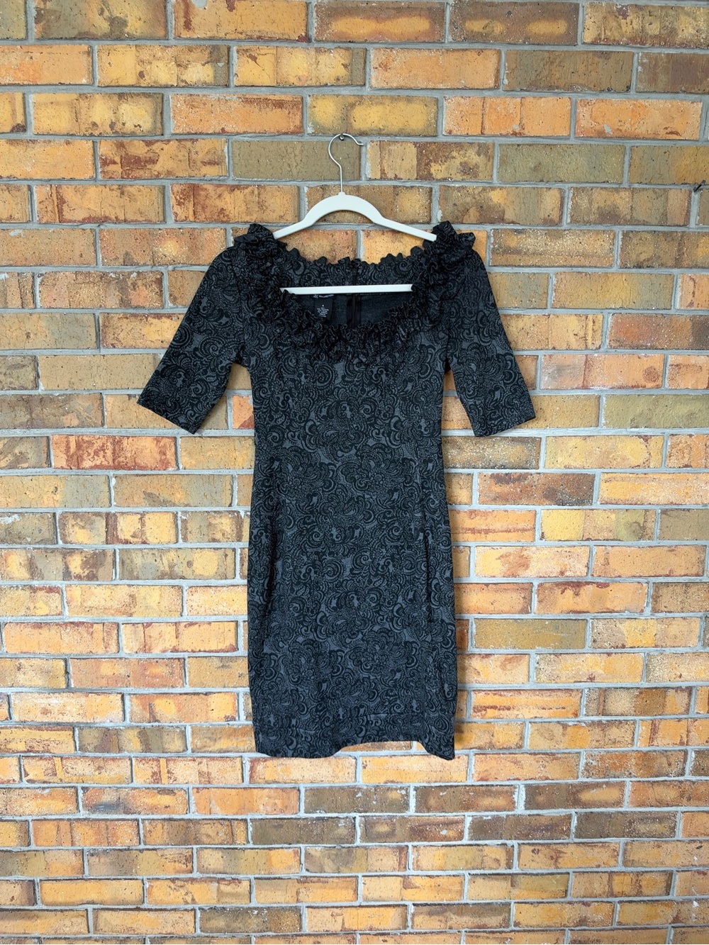 New Directions Women’s Size 4 Black Floral Lace Dress Off Shoulder Ruffle Sleeve